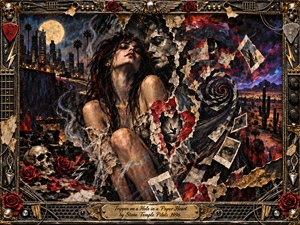 A brooding woman emerges from a torn, spiraling collage of fractured paper, skulls, roses, photographs, and smoky shadows. A moonlit city and desert horizon frame the surreal scene in black, crimson, gold, and electric blue. Dramatic lighting, distressed textures, and ornate rock-inspired metalwork create a volatile, dreamlike painted atmosphere.