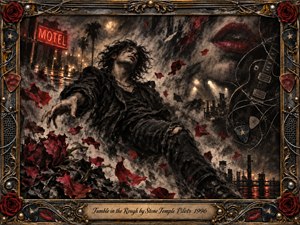 A battered rock figure tumbles through a storm-dark industrial dreamscape, surrounded by torn red roses, glowing motel neon, guitar imagery, and sweeping debris. Deep charcoal textures dominate the composition, accented by crimson, bronze, and smoky gold. Harsh spotlights and reflected streetlight create a restless, bruised, rebellious atmosphere.