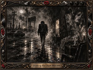 A lone figure walks through a rain-slicked industrial wasteland, surrounded by drifting smoke, shattered reflections, and a ghostly womans face. Deep charcoal textures, black and gray tones, oily rainbow highlights, and dim moonlight create a brooding noir mood. An ornate chrome-and-gold rock frame features vivid red lips and engraved detailing.