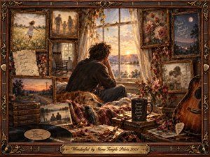 A solitary man sits beside a glowing sunset window, surrounded by faded photographs, roses, records, books, and a weathered acoustic guitar. Warm amber, brown, and dusty rose tones create a tender, nostalgic mood. Painterly textures, ornate musical framing, soft light, and intimate keepsakes evoke love, memory, and quiet reflection.