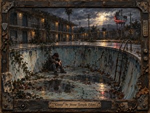 A solitary young man sits hunched inside a cracked, drained motel pool, surrounded by weeds, puddles, debris, and fading blue-green plaster. Dim motel lights and a broken red neon sign glow beneath stormy clouds. Painted in gritty mixed media, the scene uses muted grays, rust, teal, and amber within a distressed guitar-inspired frame.