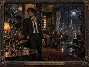 A sharply dressed man stands in a luxurious midnight apartment beside fractured mirrors, wilted roses, and scattered glass. Warm amber lamps contrast with a cool blue city skyline beyond rain-streaked windows. Dark oils, reflective surfaces, worn textures, and guitar details create a brooding atmosphere of glamour, isolation, tension, and decay.