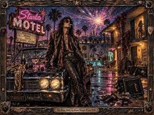A glam-rock drifter leans against a battered classic car outside a neon motel beneath a bursting cosmic sky. Wet pavement reflects pink, gold, and turquoise light, while scattered instruments, flowers, champagne, and worn luggage suggest reckless glamour, loneliness, and decay. Detailed mixed-media realism gives the scene gritty 1990s decadence.