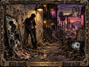 A battered figure stands in a decaying Hollywood alley at dusk, surrounded by cracked mirrors, torn posters, trash, neon signs, and flickering lamps. Purple skies and amber streetlight create a restless, grimy mood. The richly textured mixed-media realism suggests fractured identity, excess, isolation, and volatile early-1990s rock energy.