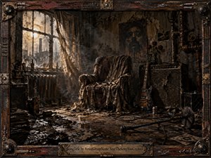 A ruined rehearsal room sits in smoky stillness, centered on a tattered armchair beneath peeling walls and a ghostly portrait. Dirty window light spills across wet floorboards, scattered records, bottles, cables, a fallen microphone, guitar, and broken amplifier. Rusted industrial details and a distressed framed border create a dark, gritty grunge atmosphere.