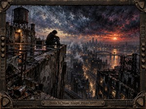A solitary figure crouches on a rain-soaked rooftop above a decaying industrial city, framed by rusted metal and guitar-inspired hardware. Dark storm clouds split around a fiery sunset, casting orange reflections across wet concrete and distant streets. The gritty painterly style creates a brooding, exhausted atmosphere of isolation and pressure.
