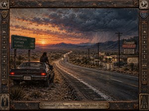 A weathered car rests beside a lonely desert highway as a solitary figure watches the road disappear toward a fiery sunset. Dark storm clouds and distant rain create a tense, reflective mood. Rustic motel signs, telephone poles, worn asphalt, and a distressed wood and metal frame evoke 1990s Americana.