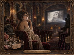 A glamorous woman sits alone in a faded velvet cinema, surrounded by film reels, roses, cosmetics, and ornate bronze details. Warm amber lamps contrast with deep burgundy shadows while an old projector casts her ghostly portrait onscreen. The scene feels nostalgic, lonely, theatrical, and dreamlike, rendered with richly textured realism.