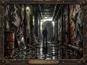 A lone figure stands in a decaying industrial corridor blocked by a massive brick wall, surrounded by rusted pipes, peeling paint, shattered glass, and reflective puddles. Cold gray light and dim yellow lamps deepen the claustrophobic mood, while the distressed metal frame and engraved title plate reinforce the bleak handcrafted atmosphere.