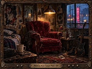 A rain-soaked grunge-era room centers on a worn crimson velvet chair beneath a warm industrial lamp. A battered guitar, amplifier, wilted roses, photographs, cracked mirror, and scattered belongings create a brooding 1992 atmosphere. Deep reds, browns, and cold blue window light give the detailed mixed-media scene melancholy, tension, and lived-in intimacy.