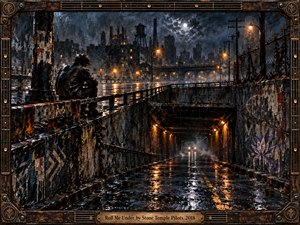 A lone figure sits beside a rain-soaked urban underpass beneath a brooding industrial skyline, surrounded by cracked walls, chain-link fencing, and glowing amber streetlights. Deep blues, charcoal blacks, and wet reflections create a tense, introspective mood. Thick painterly textures and a guitar-inspired frame reinforce the raw alternative-rock atmosphere.