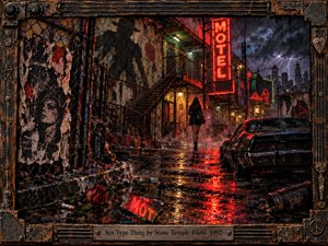 A rain-soaked motel alley glows beneath harsh red neon, reflecting across cracked pavement and a shadowed black car. A lone figure walks through steam, graffiti, torn posters, and decaying architecture. Dark industrial textures, stormy skies, and gritty 1990s grunge aesthetics create a tense, dangerous, confrontational atmosphere.