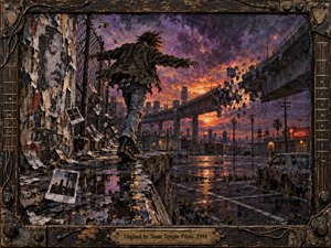 A lone figure runs along a crumbling urban ledge beneath a turbulent purple and orange sunset, surrounded by torn posters, broken concrete, wet pavement, and collapsing highway structures. Dramatic reflections, distressed textures, industrial debris, and a dark handcrafted frame create a tense, restless grunge atmosphere filled with instability and motion.