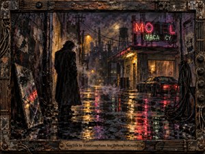 A solitary figure stands in a rain-soaked urban alley beside a decaying neon motel, surrounded by cracked walls, tangled cables, puddled reflections, and industrial silhouettes. Red, amber, violet, and green lights shimmer through smoke and darkness, creating a tense, gritty, grunge-era atmosphere rendered with heavily textured, painterly detail.