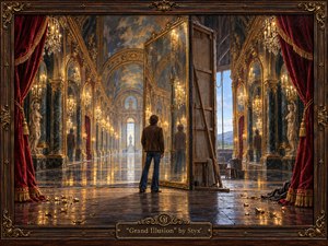 A lone man faces a towering mirror within a gilded theatrical palace, where exposed wooden supports reveal the illusion. Crimson curtains frame receding arches and candlelit reflections, while cool daylight breaks through backstage. Rich painterly textures, gold highlights, and deep shadows create contemplative grandeur, enclosed by an ornate, inscribed frame.