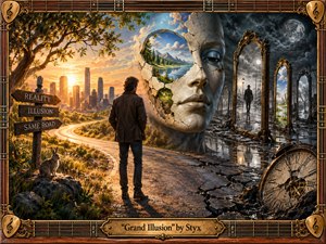 A lone figure stands between a radiant golden city and a shadowy, fractured world of mirrors, confronting a monumental cracked face that reveals peaceful landscapes within. Warm sunset tones oppose cold moonlit grays, while winding roads, broken clocks, ornate frames, and reflective portals create a surreal, cinematic meditation on perception, identity, and illusion.