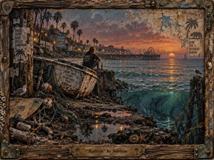 A solitary figure sits beside a battered fishing boat on a rugged California shoreline at sunset, facing a glowing pier and restless sea. Warm orange skies contrast with deep teal water, while weathered wood, nets, debris, seabirds, and shadowy marine forms create a gritty, melancholic, hand-painted coastal atmosphere.