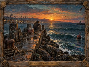 A solitary figure sits on a weathered harbor pier at sunset, facing restless blue water beneath a blazing orange sky. Palm-lined shore lights glow in the distance while ropes, rocks, bottles, and battered gear suggest drifting isolation. Rich painterly textures, reflective waves, and the rugged instrument-inspired frame create a melancholy coastal atmosphere.