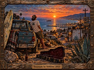 A lone traveler rests beside a weathered blue truck above Ensenada, watching a fiery sunset spill across the Pacific and glowing coastal lights. A surfboard, guitar case, dog, agave, and dusty roadside details create a nostalgic, restless mood, rendered in richly textured painterly realism with warm orange and deep blue contrasts.