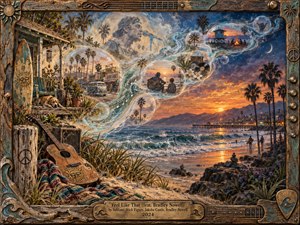 A weathered coastal scene blends sunset surf, palm silhouettes, guitar culture, and glowing memory bubbles into a nostalgic dreamscape. Warm orange light meets deep ocean blues beneath textured skies, while carved wood, worn instruments, and handcrafted details create a soulful, reflective atmosphere shaped by music, friendship, loss, and enduring connection.