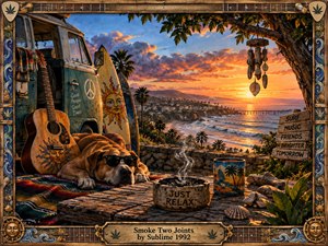 A weathered surf van, guitar, resting dog, and smoking ashtray overlook a glowing coastal sunset. Warm orange light washes across rolling waves, palms, cliffs, and rustic objects, creating a relaxed, nostalgic mood. Rich painterly textures, carved wooden framing, musical details, and beach imagery reinforce Sublimes laid-back Southern California atmosphere.