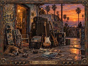 A weathered coastal rehearsal space glows beneath a fiery orange sunset, filled with battered guitars, amplifiers, records, a skateboard, and a resting dog. Palm trees and distant harbor lights frame the gritty scene. Rich browns, rust, gold, and violet create a nostalgic, rebellious mixed-media atmosphere within an ornate musical frame.