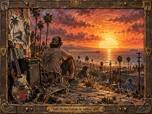 A lone figure and dog overlook a palm lined coastal town as an enormous fiery sun sinks into the ocean. Warm orange light floods weathered rooftops, waves, guitar, amplifier, and skateboard. Textured painterly surfaces and a distressed musical frame create a reflective, rebellious mood balancing solitude, freedom, and apocalyptic beauty.