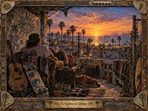 A weathered rooftop overlooks a glowing coastal sunset, where a solitary figure rests beside a guitar, skateboard, amplifier, bottle, and sleeping dog. Warm orange light meets cool blue shadows, creating a nostalgic, restless mood. Handcrafted textures, worn surfaces, palm silhouettes, ocean haze, and an ornate musical frame deepen the scene.
