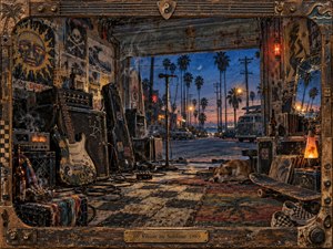 A weathered coastal garage opens toward a palm-lined street at dusk, framing guitars, amplifiers, tangled cables, a skateboard, sleeping dog, and scattered records. Warm amber lamps contrast with deep blue twilight, creating a nostalgic, restless mood. Richly textured mixed-media realism blends surf culture, punk grit, and intimate rehearsal-room atmosphere.