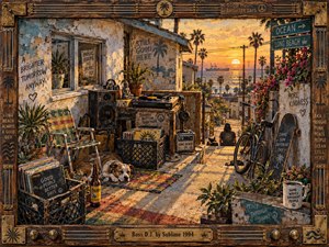 A warm Long Beach sunset frames a weathered outdoor DJ station overlooking the ocean, surrounded by records, speakers, plants, a bicycle, and a resting dog. Golden light, faded turquoise walls, rough wood, brass details, and hand-painted textures create a relaxed, nostalgic, sun-soaked atmosphere rooted in coastal ska culture.
