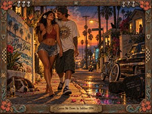 A sunlit Long Beach street glows with warm orange and violet sunset tones as an affectionate couple strolls past palms, bicycles, flowers, vintage cars, and weathered walls. Rich painterly textures, reflective pavement, tropical details, and an ornate guitar-inspired frame create a relaxed, sensual, rebellious coastal atmosphere.