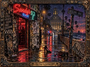 A rain slicked coastal street glows beneath red neon, amber lamps, and distant police lights as a courthouse rises beyond palm trees and dark surf. An abandoned heel and handbag suggest danger and consequence. The gritty mixed media style, weathered frame, graffiti, and reflective pavement create a tense nocturnal atmosphere.