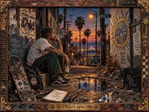 A weathered young man sits in a gritty Long Beach alley at sunset, surrounded by cracked pavement, graffiti, a skateboard, a tired dog, and distant palms. Warm orange light meets deep blue shadows, creating a reflective, restless mood. Rich painterly textures and distressed details give the scene raw 1990s character.