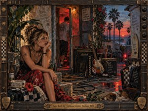 A weary woman sits in a weathered coastal courtyard at sunset, surrounded by guitar gear, tangled cables, tropical plants, and scattered bottles. Fiery red light spills from a doorway, contrasting with cool ocean blues. The handcrafted mixed-media realism feels restless, intimate, and bruised, framed by dark musical hardware and aged metal.