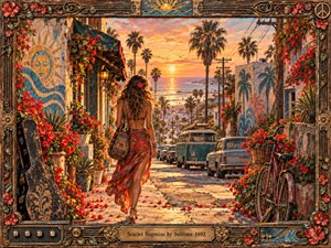 A barefoot woman in a flowing scarlet dress walks toward a glowing coastal sunset, framed by palms, weathered buildings, flowers, vintage cars, and a parked van. Warm gold and red light create a dreamy, nostalgic mood, while richly textured painterly details and an ornate floral music-inspired frame deepen the handcrafted atmosphere.