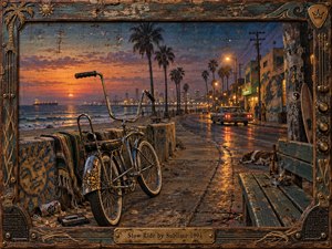 A weathered lowrider bicycle rests beside a coastal road at sunset, framed by palms, murals, storefronts, and glowing streetlights. Warm orange reflections stretch across wet pavement toward a cruising vintage car. Rich blue shadows, distressed wood, metal hardware, and painted textures create a relaxed, nostalgic, handcrafted California atmosphere.