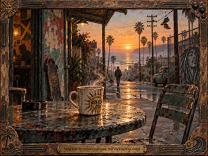 A weathered seaside cafe opens onto a glowing coastal street at sunset, where a steaming sun-marked coffee cup anchors the foreground. Rusted metal, peeling paint, palms, graffiti, and wet pavement create a worn California atmosphere. Warm amber light contrasts with deep shadows as a lone figure walks toward the ocean.