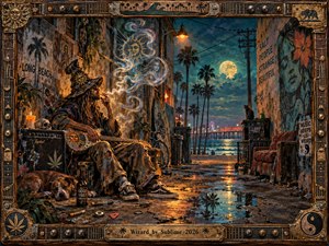 A weathered street wizard sits with a guitar in a moonlit Long Beach alley, surrounded by drifting smoke, graffiti, a sleeping dog, and glowing reflections. Deep blues, amber light, and gritty textures create a mystical, rebellious mood, framed by distressed wood, metal hardware, strings, and symbolic coastal details.