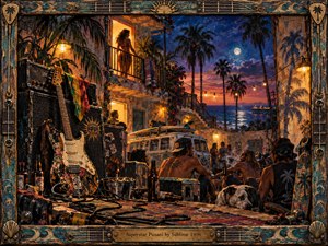 A weathered coastal courtyard glows beneath warm amber lamps as musicians, a battered van, guitars, amplifiers, palm trees, and a moonlit ocean create a restless late-night atmosphere. Rich blues, rusted golds, and faded turquoise frame the scene in textured mixed-media realism, blending beach culture, music, decay, freedom, and nocturnal energy.