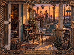 A weathered coastal porch overlooks a palm-lined Long Beach neighborhood at sunset, glowing with orange, gold, and dusty blue light. Empty chairs, a radio, skateboard, records, and scattered personal objects create a relaxed yet wistful mood. Rich handcrafted textures, worn wood, faded paint, and nautical frame details deepen the nostalgic atmosphere.