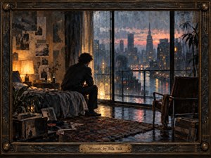 A solitary figure sits beside a rain-streaked window overlooking a glowing city at dusk, surrounded by photographs, records, books, and worn furnishings. Warm amber lamplight contrasts with cool blue-gray rain and reflective streets, creating a contemplative, melancholic mood. Painterly textures, deep shadows, and intricate framing heighten the intimate atmosphere.