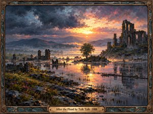 A dramatic oil painting captures a flooded valley beneath turbulent blue-gray clouds and a glowing amber sunset. Ancient stone ruins rise above reflective waters, while a solitary tree symbolizes resilience and renewal. Wildflowers and rocky shores enrich the foreground. An ornate bronze and turquoise frame completes the atmospheric composition.