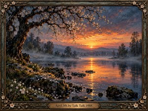 A tranquil lakeside sunset glows in amber, coral, and dusky blue beneath flowering branches. Mist veils distant woodland hills while golden reflections shimmer across still water and moss-covered stones. Delicate spring blossoms soften the contemplative oil painting, enclosed within an ornate bronze frame featuring floral embellishments and an engraved title plate.