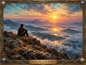 A solitary figure sits on a rugged mountain ledge overlooking misty valleys, distant peaks, and shimmering waterways beneath a radiant sunset. Golden light illuminates dramatic clouds against blue and lavender mountains. Expressive oil brushwork creates a contemplative, transcendent atmosphere, enclosed within an ornate bronze and teal frame with engraved title plate.