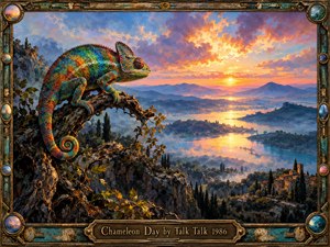A brilliantly colored chameleon perches on a twisted branch overlooking a misty river valley at sunset. Golden light illuminates distant mountains, wooded islands, and a hillside village beneath dramatic lavender clouds. Rich painterly textures create a dreamlike atmosphere, enclosed by an ornate, weathered bronze frame with decorative gemstones and engraved title plate.