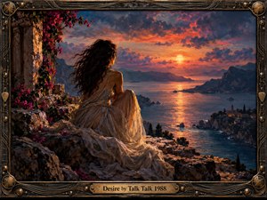 A solitary woman in flowing ivory fabric overlooks a tranquil coastal bay beneath a fiery sunset. Crimson flowers frame ancient stone ruins, while distant mountains and a seaside village fade into twilight. Rich orange, violet, and blue tones create romantic melancholy. An ornate bronze musical frame completes the painterly composition.