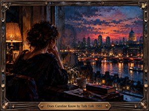 A solitary woman gazes through a rain-streaked window overlooking Londons illuminated skyline at sunset. Her ghostly reflection evokes longing and uncertainty. Rich oil brushstrokes blend fiery coral, violet, and midnight blue with warm lamplight. Books, flowers, and a teacup suggest quiet contemplation, enclosed within an ornate bronze musical frame.