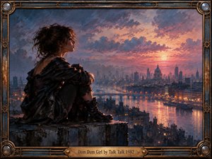 A solitary young woman sits on a rooftop overlooking a misty London skyline at sunset. Rich violet, rose, and amber clouds illuminate the river and distant architecture. Expressive oil brushwork creates a melancholic, cinematic atmosphere. An ornate bronze frame with decorative corners and an engraved title plate completes the composition.