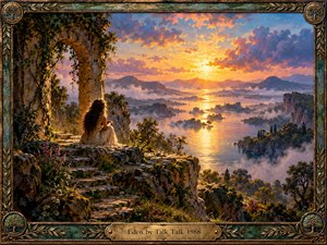 A solitary woman in a flowing ivory dress overlooks a misty lake from ancient stone ruins. Golden sunset light illuminates distant mountains, rocky islands, and lush vegetation beneath lavender clouds. Rich painterly textures create a tranquil, contemplative atmosphere. An ornate bronze and verdigris frame completes the romantic composition.
