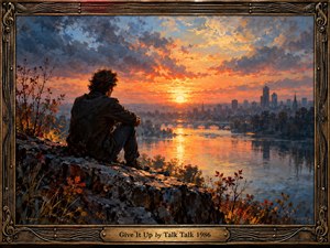 A solitary figure sits on a rocky hillside overlooking a distant city and shimmering river at sunset. Fiery orange and golden light pierces dramatic blue-gray clouds, creating a reflective, bittersweet atmosphere. Expressive oil brushwork enriches the autumn landscape, while an ornate bronze musical frame and engraved title plate complete the composition.